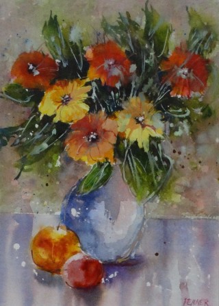 A Watercolour painting by Joan Denner in the Impressionist style  depicting Flowers and Vases with main colour being Blue Green and Grey and titled Mixed Bunch