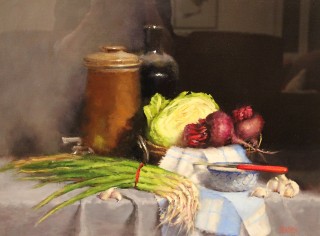 An Oil painting by Joan Denner in the Impressionist style  depicting Still Life Bottles and Fruit with main colour being Brown Green and Grey and titled Vegetables