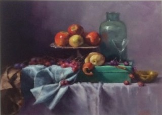 An Oil painting by Joan Denner in the Realist Impressionist style  depicting Still Life Bottles and Fruit with main colour being Blue Grey and Olive and titled Apples