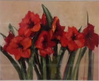 An Oil painting by Joan Denner in the Contemporary Realist style  depicting Flowers with main colour being Cream Green and Red and titled Amorallis Red