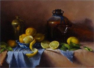 An Oil painting by Joan Denner in the Realist Impressionist style  depicting Still Life Fruit and Pots with main colour being Blue Brown and Yellow and titled Lemons