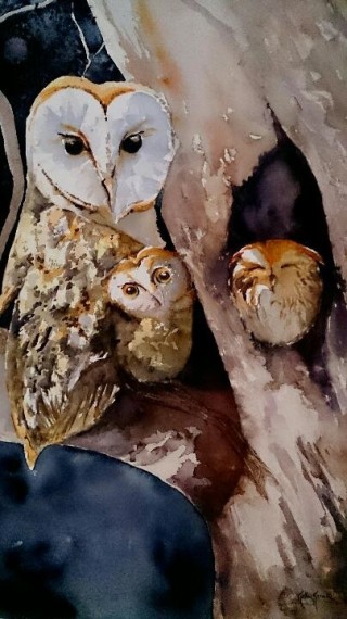 A Watercolour painting by Kathy Karas in the Realist style  depicting Animals Birds with main colour being Brown Cream and Grey and titled See you at Midnight