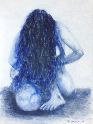 An Acrylic painting by ALEX MORTENSEN in the Realist style  depicting Nude Girl and People with main colour being Blue and White and titled SARAH-ANN 2016