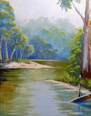 An Acrylic painting by Anne Gardner in the Realist style  depicting Landscape Bush Creek and River with main colour being Blue Green and Ochre and titled Bend in the River