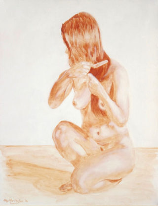 An Acrylic painting by Alex Mortensen in the Realist style  depicting Nude Girl and Woman with main colour being Brown and White and titled Ayami 2016