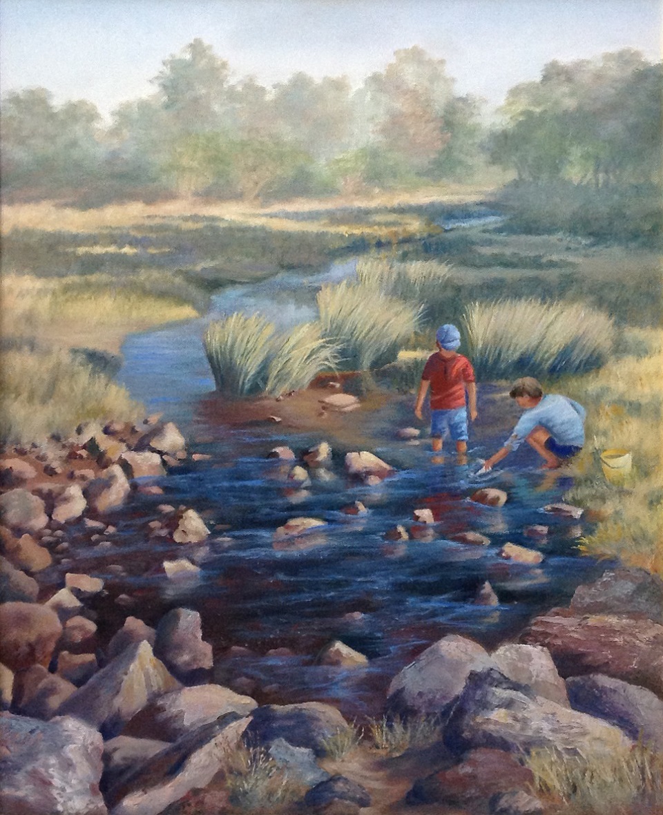 Oil Painting by Maureen Bainbridge titled Catching Tadpoles