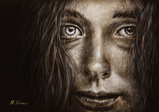A Scratchboard painting by Rikki Fisher in the Realist style  depicting People Girl and Woman with main colour being Black Grey and White and titled Eye Speak
