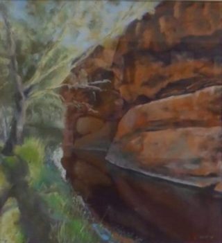A Pastel painting by Winston Head in the Realist style  depicting Landscape Desert with main colour being Brown Green and Orange and titled Durba Springs, Canning Stock Route
