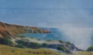 A Pastel painting by Winston Head in the Realist style  depicting Landscape Beach with main colour being Blue Orange and White and titled Blanche Point, Maslin Beach