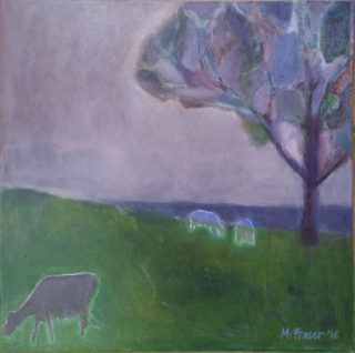An Oil painting by Melissa Fraser in the Impressionist style  depicting Animals Farmland and Rural with main colour being Green and Purple and titled Slow Graze