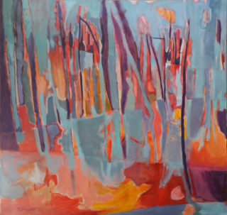 An Oil painting by Melissa Fraser in the Semi-Abstract Impressionist style  depicting Landscape Fire Sunset and Trees with main colour being Blue Orange and Purple and titled Fracture