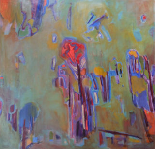 An Oil painting by Melissa Fraser in the Semi-Abstract Impressionist style  depicting Landscape Bush and Trees with main colour being Blue Green and Ochre and titled Splinter
