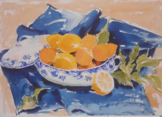 A Watercolour painting by Barbara Trapnell in the Impressionist style  depicting Still Life Fruit and Pots with main colour being Blue and Orange and titled Lemons