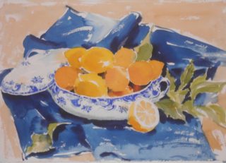 A Watercolour artwork by Barbara Trapnell in the Impressionist style  depicting Still Life Fruit and Pots with main colour being Blue and Orange and titled Lemons