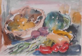 A Watercolour artwork by Barbara Trapnell in the Impressionist style  depicting Still Life Fruit with main colour being Blue Grey and Orange and titled Summer Pickings