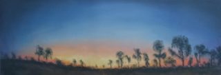 A Pastel painting by WINSTON HEAD in the Realist style  Desert Sunset and Trees with main colour being Blue and Orange and titled Casuarina Sunset, Canning Stock Route