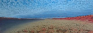 A Pastel painting by WINSTON HEAD in the Realist style  depicting Desert Bush and Sunrise with main colour being Blue and Cream and titled Early Dawn, Simpson Desert
