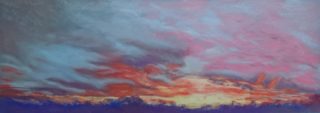 A Pastel painting by WINSTON HEAD in the Realist style  depicting Desert Bush and Sunset with main colour being Blue Gold and Orange and titled Great Victoria Desert Sunset