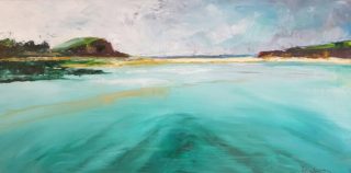 An Oil painting by Kathy Karas in the Impressionist style  depicting Beach and Water with main colour being Blue Green and Pink and titled Minnamurra