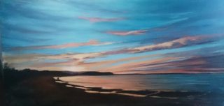A  painting by Kathy Karas Sunset with main colour being Blue Brown and Pink and titled Callala Sunset