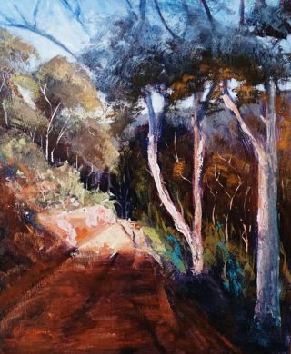 An Acrylic painting by Kathy Karas depicting Landscape Rocks Rural and Trees and titled Country Road