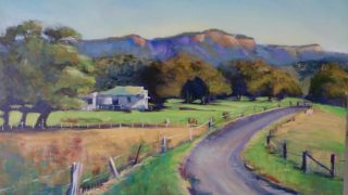 An Acrylic painting by Kathy Karas in the Impressionist style  depicting Man Rural with main colour being Blue Brown and Green and titled Yellow Rock Road