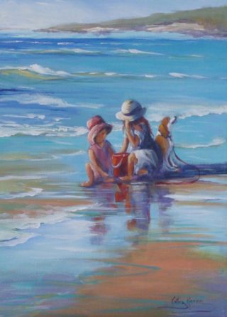 An Acrylic painting by Kathy Karas in the Impressionist style  depicting Beach Children and Water with main colour being Blue and titled Water’s Edge