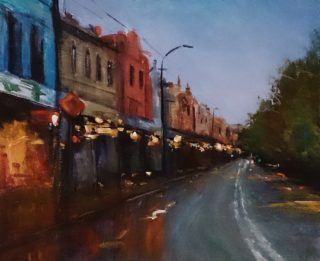 An Acrylic painting by Kathy Karas in the Impressionist style  depicting Landscape Buildings Night and Streets with main colour being Blue Brown and Red and titled Newtown