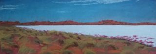 A Pastel painting by Winston Head in the Realist style  depicting Lake Desert with main colour being Blue Orange and White and titled Lake Disappointment, Anne Beadell Hwy.