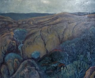 An Oil painting by Tim K Jones in the Semi Abstract Expressionist style  depicting Landscape Rocks with main colour being Black Blue and Brown and titled Lithoscape - Albany WA