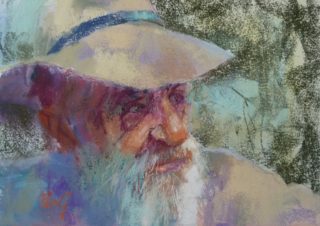 A Pastel painting by Penelope Gilbert-Ng in the Impressionist style  depicting Portrait Man with main colour being Blue Cream and Green and titled Wazza