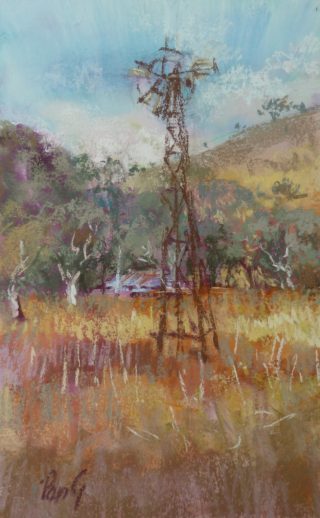 A Pastel painting by Penelope Gilbert-Ng in the Impressionist style  depicting Landscape Rural with main colour being Blue Ochre and Olive and titled Old Windmill