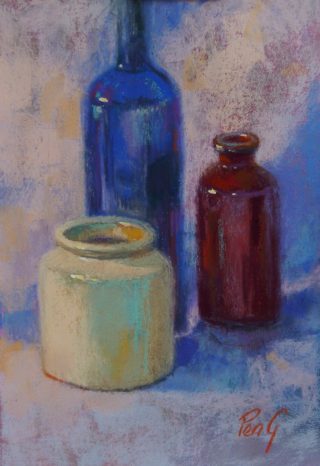 A Pastel painting by Penelope Gilbert-Ng in the Impressionist style  depicting Still Life Bottles and Vases with main colour being Blue Brown and Cream and titled Still Life