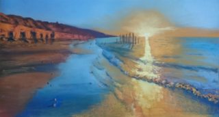 A Pastel painting by Winston Head in the Realist style  depicting Beach Sea and Sunset with main colour being Blue and Gold and titled Port Willunga Sunset (South Australia)