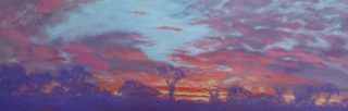 A Pastel painting by Winston Head depicting Landscape Rural and Sunset with main colour being Blue Orange and Purple and titled Canning Stock Route Sunset 1