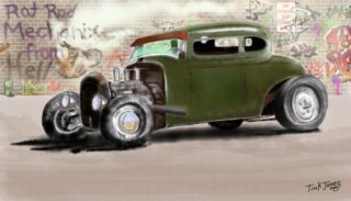 A  painting by Tim K Jones in the Illustrative style  depicting Buildings Cars and Machinery with main colour being Black Green and Purple and titled Ford Rat Rod Mechanix from Hell