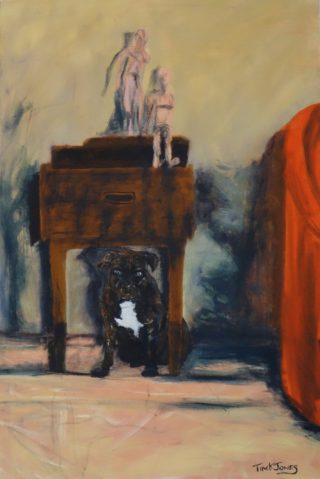 An Oil painting by Tim K Jones in the Contemporary Realist style  depicting Animals Dogs and Interior with main colour being Black Cream and Ochre and titled Staffroyale Flamin Dream – Staffy pup and mannequins