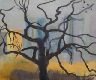 An Oil painting by Tim K Jones in the Semi Abstract Expressionist style  depicting Buildings City and Trees with main colour being Black Blue and Cream and titled Melbourne Winter Afternoon