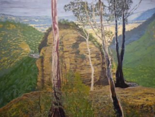 An Oil painting by Tim K Jones in the Semi Abstract Expressionist style  depicting Landscape Bush Farmland and Mountains with main colour being Blue Brown and Cream and titled Mitchell’s Lookout towards Victoria Pass, Mt Victoria