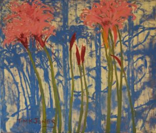 An Oil painting by Tim K Jones in the Semi Abstract Expressionist style  depicting Flowers and Sheds with main colour being Blue Green and Pink and titled Nerine evening