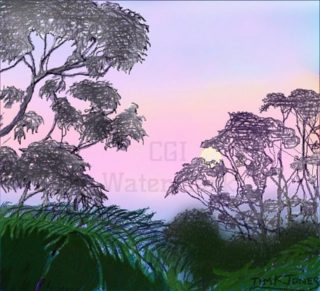 A  painting by Tim K Jones in the Realist Impressionist style  depicting Landscape Moon Mountains and Sunset with main colour being Blue Green and Purple and titled Dawn with setting moon over the shadow of earth, Mt Victoria