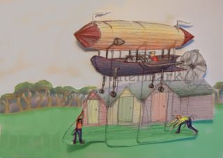 A  painting by Tim K Jones in the Surrealist style  depicting Planes Boats Fantasy and Farmland with main colour being Green Purple and Red and titled Steampunk Balloon Airship Contraption