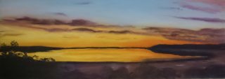 A Pastel painting by Winston Head in the Realist style  Desert Lake and Sunrise with main colour being Blue Gold and Grey and titled Googs Lake Sunrise
