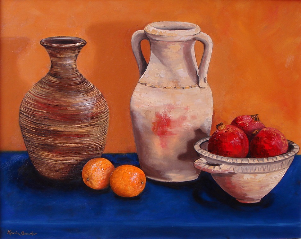 Oil Painting by Karin Bowler titled Pots & Pomegranates