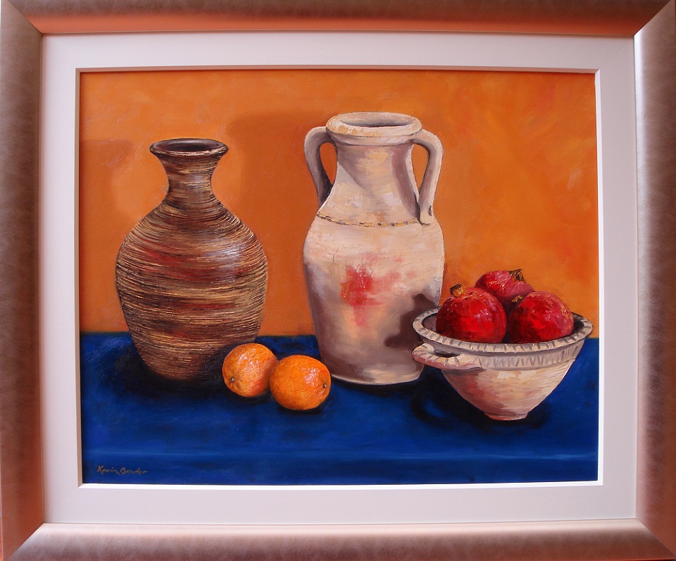 Oil Painting by Karin Bowler titled Pots & Pomegranates