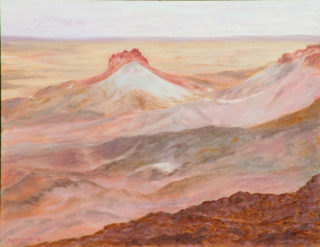 An Oil painting by Alex Mortensen in the Realist style  depicting Desert and Hills with main colour being Brown Grey and Ochre and titled MAGIC OF THE BREAKAWAYS