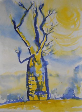 A Watercolour painting by Pippa Newby Trees with main colour being Blue and Yellow and titled Boab Reaching