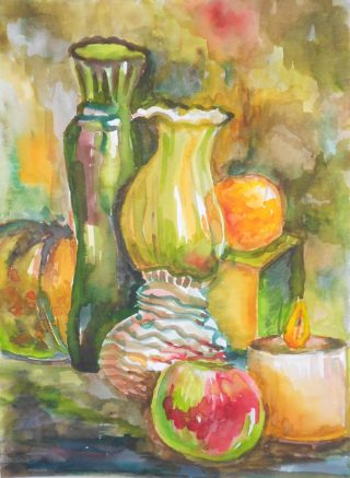 A Watercolour painting by Pippa Newby in the Impressionist style  depicting Still Life Kitchenware Pots and Vases with main colour being Green and Orange and titled Warm after Cezzane