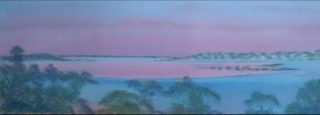 A Pastel painting by Winston Head in the Realist style  depicting Lake Desert and Sunrise with main colour being Blue and Pink and titled Pre dawn colours; Googs Lake; Googs Track SA