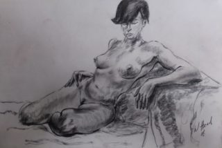 A Charcoal painting by Winston Head in the Realist style  depicting Nude and Woman with main colour being Black and White and titled Sarah
